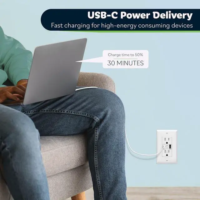 Alt view image 6 of 7 - GaN PD USB Type C Wall Outlet Up to 65W ?????????? ????????????????,15A Duplex Tamper-Resistant Receptacles, USB Charger for Laptops, Tablets, Smartphones, TU215PD60AC-W, White