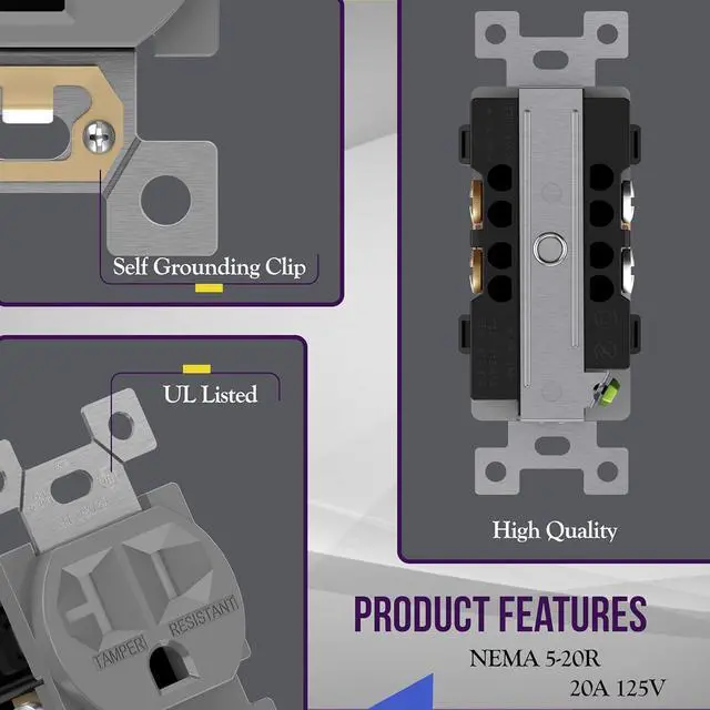 Alt view image 2 of 7 - Duplex Receptacle Outlets, Tamper-Resistant, Industrial Grade, 20A 125V, 3-Wire Grounding, 2-Pole, 5-20R, UL Listed, 62080-TR-GY-10PCS, Gray (10 Pack)