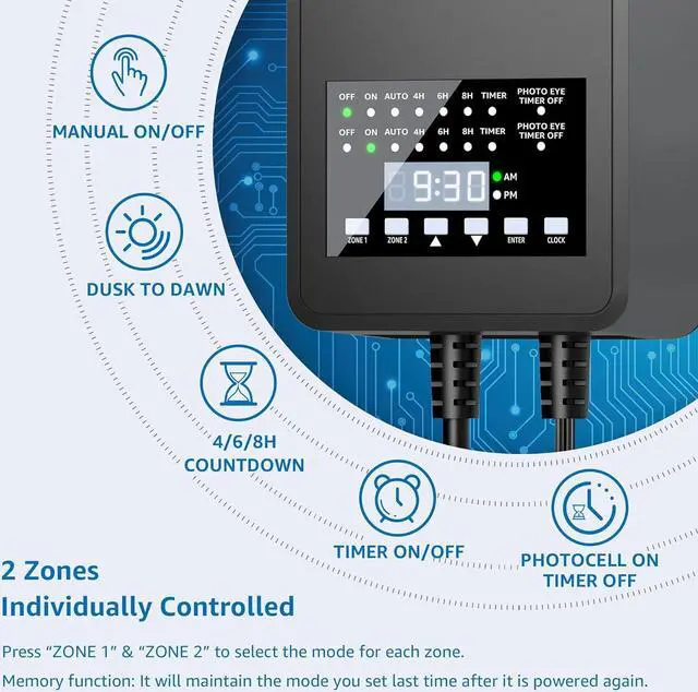 Alt view image 2 of 7 - 300W Low Voltage Landscape Transformer with 2 Independent Control Output Landscape Lighting Transformer with Timer and Photocell Sensor 120V AC to 12/14V AC Weatherproof Low Voltage Transformer
