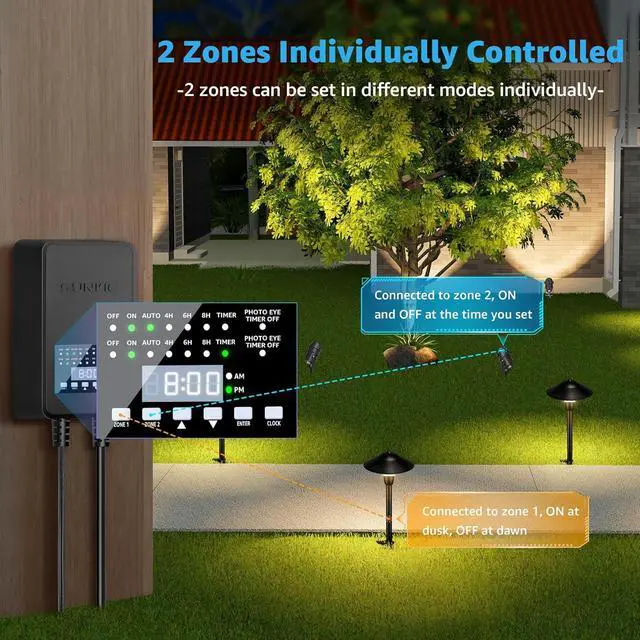 Alt view image 3 of 7 - 300W Low Voltage Landscape Transformer with 2 Independent Control Output Landscape Lighting Transformer with Timer and Photocell Sensor 120V AC to 12/14V AC Weatherproof Low Voltage Transformer