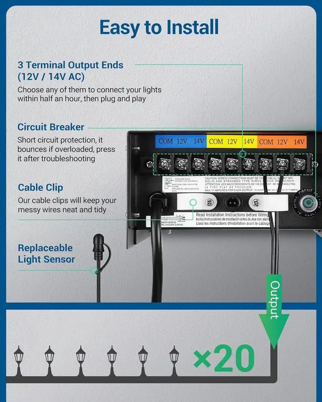 Alt view image 5 of 7 - 300W Low Voltage Transformer with 3 Independent Control Outputs, Landscape Transformer with Timer and Photocell Sensor, 120V AC to 12V/14V AC, Weatherproof, ETL Listed