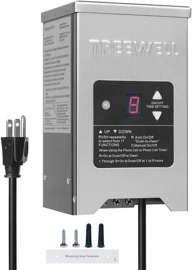 Main image of 300W Low Voltage Landscape Transformer, Outdoor Landscape Lighting Transformer with Photocell Sensor & Timer, 120V AC to 12V/15V AC, Stainless Steel Weatherproof Transformer, ETL Listed