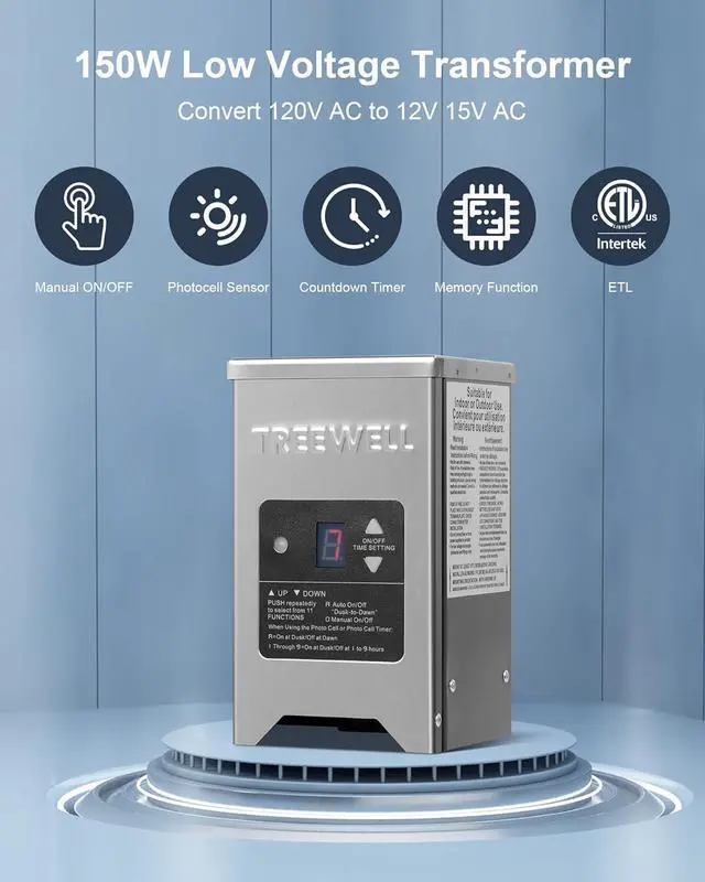 Alt view image 2 of 7 - 300W Low Voltage Landscape Transformer, Outdoor Landscape Lighting Transformer with Photocell Sensor & Timer, 120V AC to 12V/15V AC, Stainless Steel Weatherproof Transformer, ETL Listed