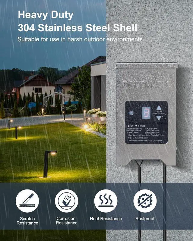 Alt view image 6 of 7 - 300W Low Voltage Landscape Transformer, Outdoor Landscape Lighting Transformer with Photocell Sensor & Timer, 120V AC to 12V/15V AC, Stainless Steel Weatherproof Transformer, ETL Listed