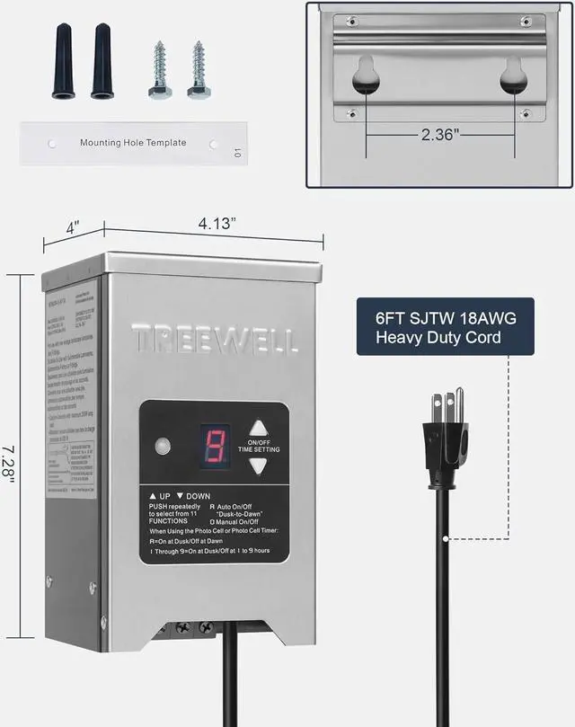 Alt view image 7 of 7 - 300W Low Voltage Landscape Transformer, Outdoor Landscape Lighting Transformer with Photocell Sensor & Timer, 120V AC to 12V/15V AC, Stainless Steel Weatherproof Transformer, ETL Listed