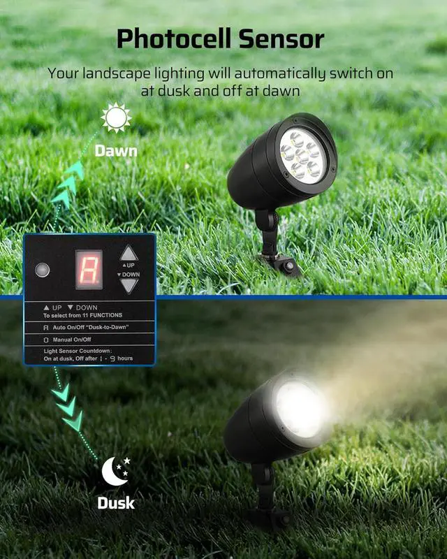 Alt view image 3 of 7 - 150W Low Voltage Landscape Transformer with Photocell Sensor, 120V AC to 12V/15V AC, Low Voltage Transformer for LED Landscape Lights, Spotlight, Weatherproof Stainless Steel, ETL Listed