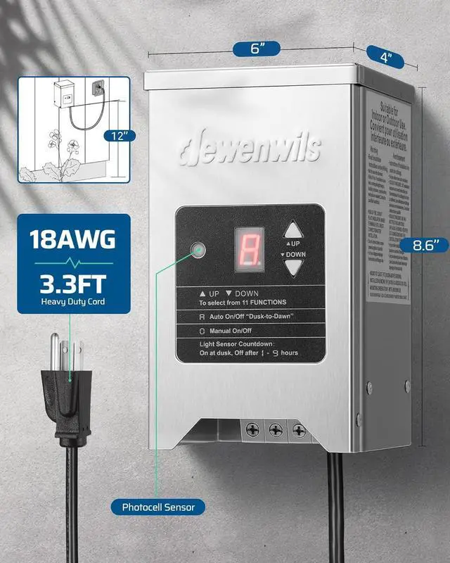 Alt view image 7 of 7 - 150W Low Voltage Landscape Transformer with Photocell Sensor, 120V AC to 12V/15V AC, Low Voltage Transformer for LED Landscape Lights, Spotlight, Weatherproof Stainless Steel, ETL Listed