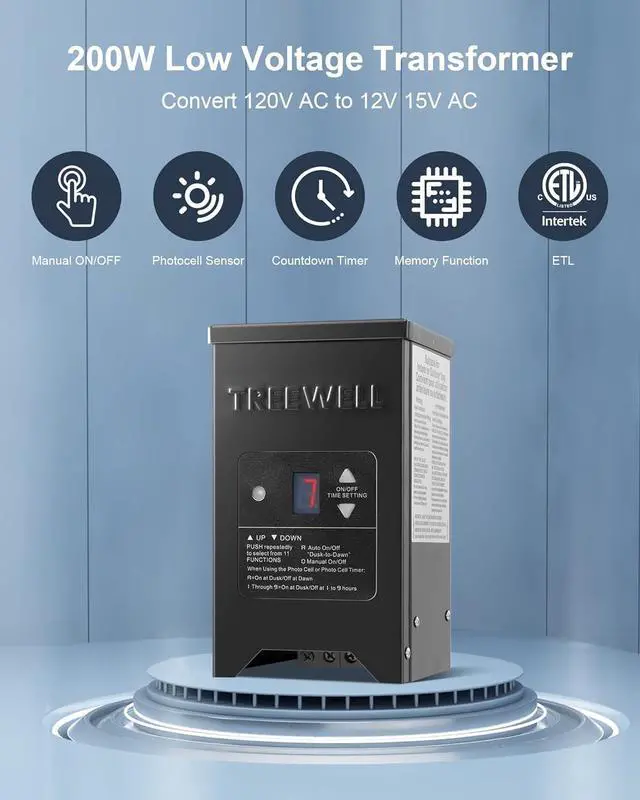 Alt view image 2 of 7 - 300W Low Voltage Landscape Transformer, Outdoor Landscape Lighting Transformer with Photocell Sensor & Timer, 120V AC to 12V/15V AC, Stainless Steel Waterproof Transformer, Black, ETL Listed