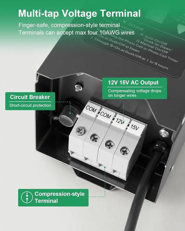 Alt view image 5 of 7 - 300W Low Voltage Landscape Transformer, Outdoor Landscape Lighting Transformer with Photocell Sensor & Timer, 120V AC to 12V/15V AC, Stainless Steel Waterproof Transformer, Black, ETL Listed