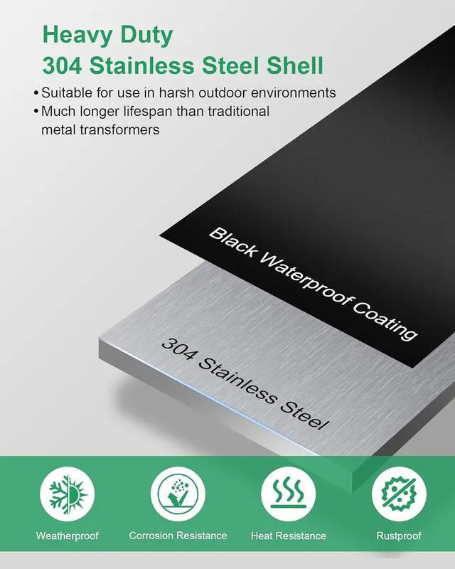 Alt view image 6 of 7 - 300W Low Voltage Landscape Transformer, Outdoor Landscape Lighting Transformer with Photocell Sensor & Timer, 120V AC to 12V/15V AC, Stainless Steel Waterproof Transformer, Black, ETL Listed