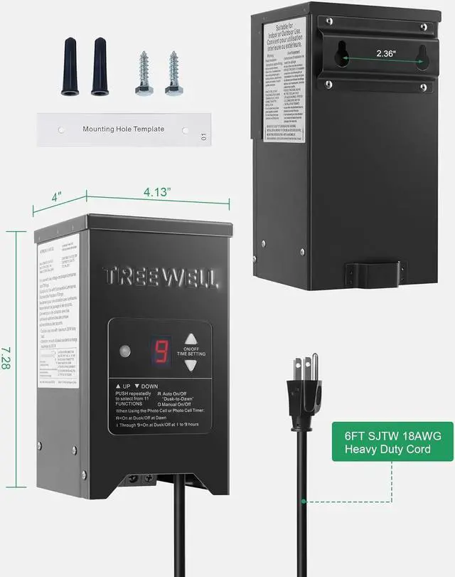 Alt view image 7 of 7 - 300W Low Voltage Landscape Transformer, Outdoor Landscape Lighting Transformer with Photocell Sensor & Timer, 120V AC to 12V/15V AC, Stainless Steel Waterproof Transformer, Black, ETL Listed