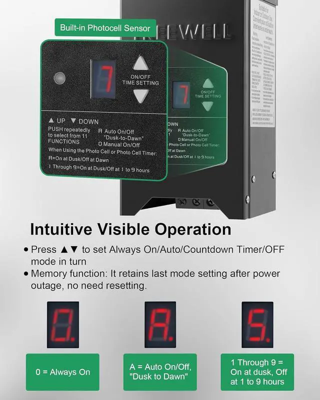 Alt view image 4 of 7 - 300W Low Voltage Landscape Transformer, Outdoor Landscape Lighting Transformer with Photocell Sensor & Timer, 120V AC to 12V/15V AC, Stainless Steel Waterproof Transformer, Black, ETL Listed