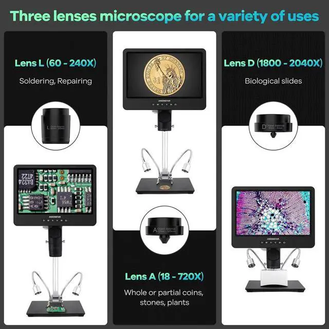 Alt view image 2 of 7 - AD249S-M 10.1 Inch HDMI Digital Coin Microscope 2000x for Adults, 3 Lens 2160P UHD Video Record, Soldering / Biological Microscope Kit with 32G Card, Windows Compatible