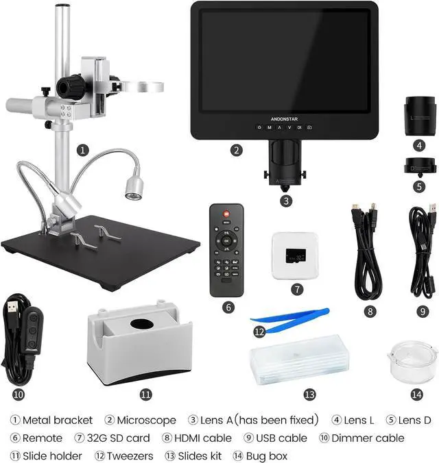 Alt view image 7 of 7 - AD249S-M 10.1 Inch HDMI Digital Coin Microscope 2000x for Adults, 3 Lens 2160P UHD Video Record, Soldering / Biological Microscope Kit with 32G Card, Windows Compatible