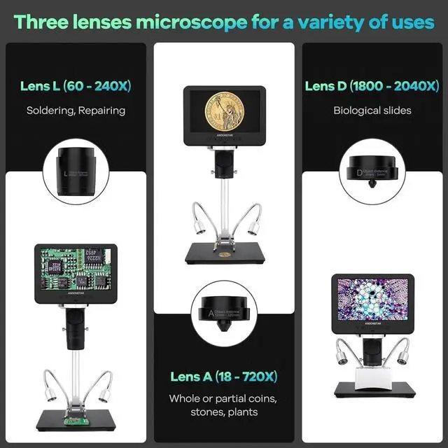 Alt view image 2 of 7 - AD246S-M HDMI Digital Microscope 2000x for Adults, 3 Lens 2160P UHD Video Record, 7 Inch LCD Soldering Microscope, Coin Microscope, Biological Microscope Kit, Windows Compatible