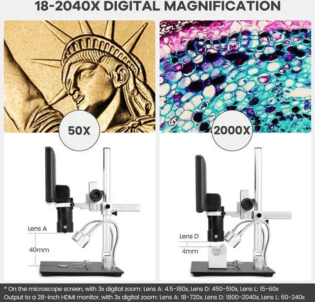 Alt view image 6 of 7 - AD246S-M HDMI Digital Microscope 2000x for Adults, 3 Lens 2160P UHD Video Record, 7 Inch LCD Soldering Microscope, Coin Microscope, Biological Microscope Kit, Windows Compatible
