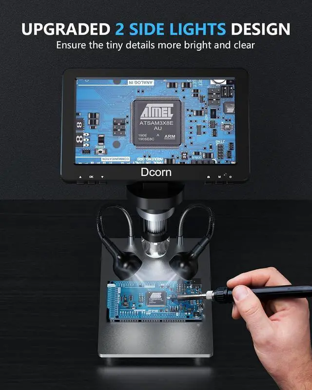 Alt view image 3 of 7 - Digital Microscope 1200X,Dcorn 12MP 1080P Photo/Video Microscope for Adults Soldering Coins,Metal Stand,Wired Remote,10 LED Fill Lights,PC View,Windows/Mac Compatible