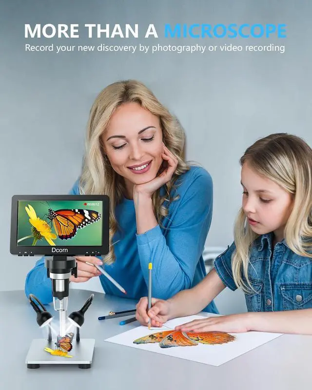 Alt view image 6 of 7 - Digital Microscope 1200X,Dcorn 12MP 1080P Photo/Video Microscope for Adults Soldering Coins,Metal Stand,Wired Remote,10 LED Fill Lights,PC View,Windows/Mac Compatible