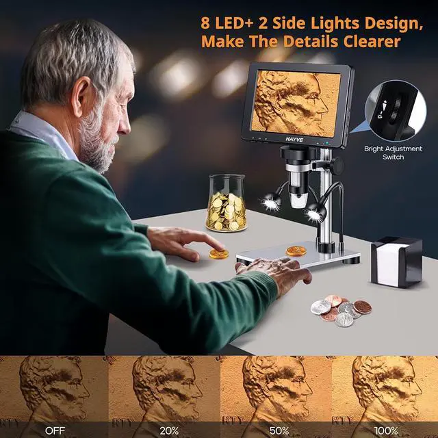 Alt view image 6 of 7 - LCD Digital Microscope, 1200X Magnification for Coin PCB Circuit Repair Soldering, 12MP Camera Sensor Coin Microscope32GB TF CardWired Remote, 10 LED Light, Compatible with Windows/Mac OS
