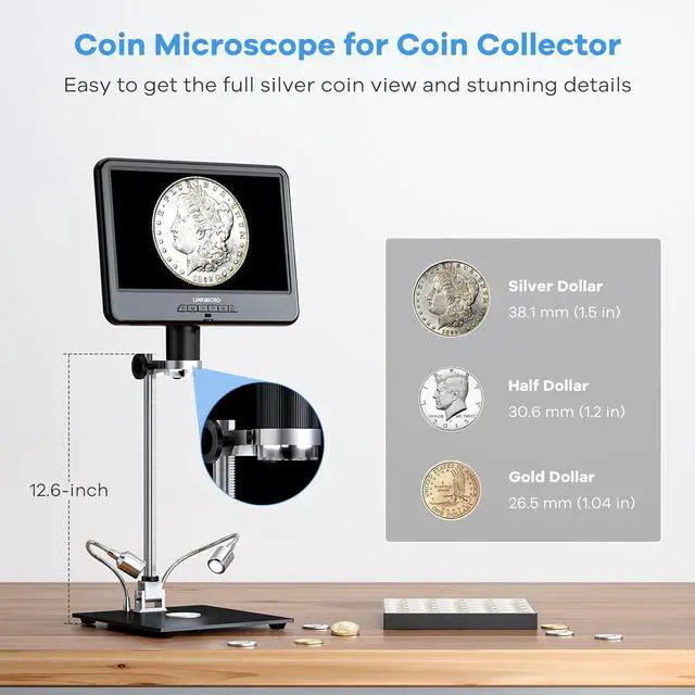 Alt view image 2 of 7 - LM210 10.1'' LCD Coin Digital Microscope Full View for Error Coins, Soldering Microscope Camera for Electronics Repair, 260X Adults Coin Magnifier with Lights, [12'' Microscope Stand] 32G