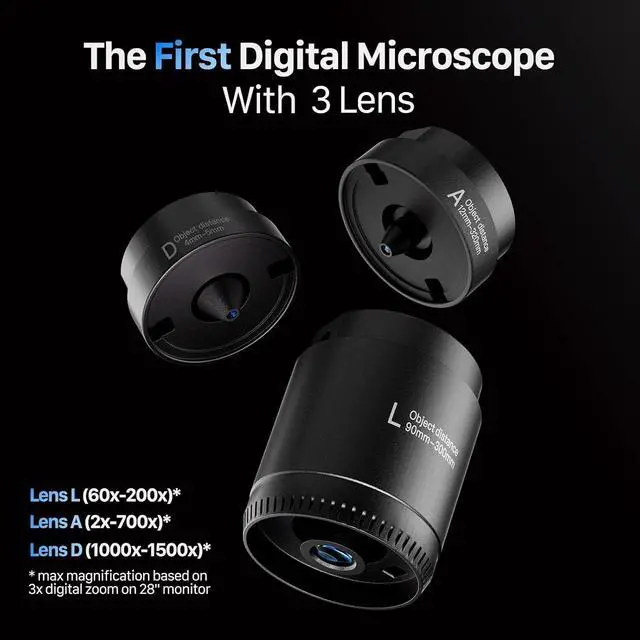 Alt view image 2 of 7 - DM602 HDMI Digital Microscope with 3 Lens, 10.1" Soldering Microscope for Electronics Repair, LCD Coin Microscope Full View, 2K Video Microscope for Adults, Biological Slide Microscope, 64GB