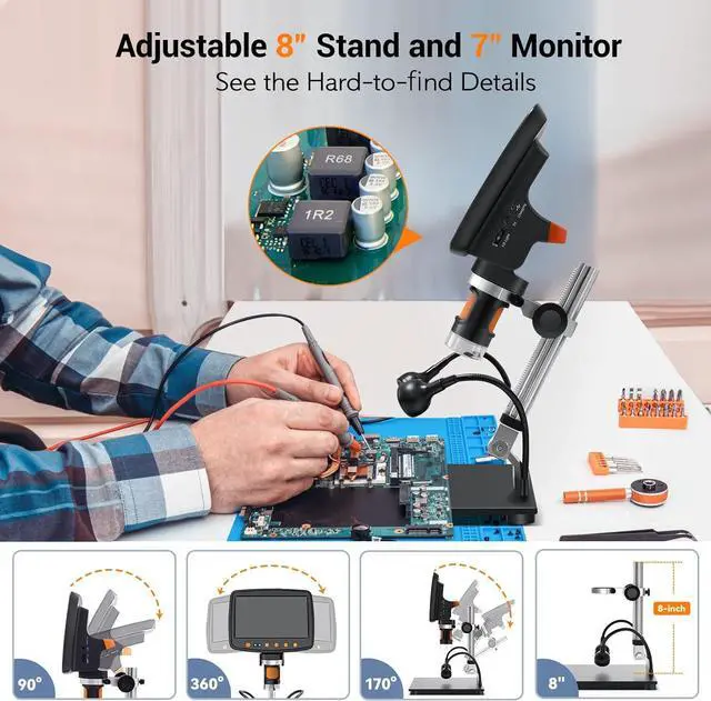 Alt view image 7 of 7 - Digital Microscope with 7" LCD Screen,1500X Magnification Soldering Microscope with HDMI,Coin Microscope with 12MP Image Sensor,Windows/Mac/TV Compatible32GB Card