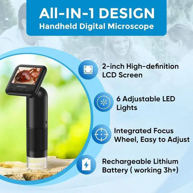 Alt view image 2 of 7 - Handheld Digital Microscope with 2 LCD Screen, 800X Pocket Portable Microscope for Kids with Adjustable Lights Coins Electronic Magnifier Camera, USB to PC Including SD Card