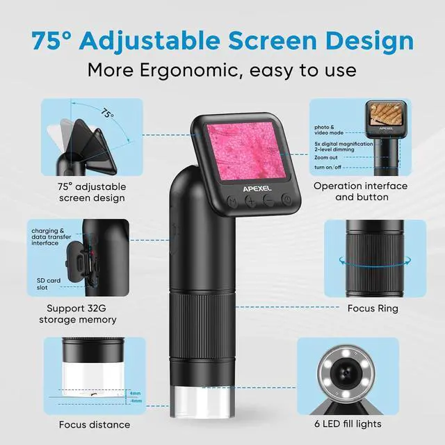 Alt view image 6 of 7 - Handheld Digital Microscope with 2 LCD Screen, 800X Pocket Portable Microscope for Kids with Adjustable Lights Coins Electronic Magnifier Camera, USB to PC Including SD Card