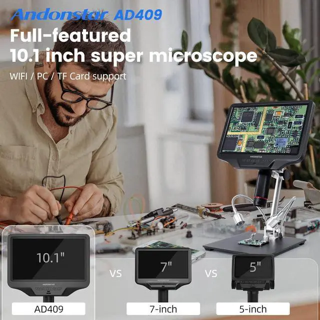 Alt view image 3 of 7 - AD409 HDMI Digital Microscope, 10.1 inch LCD Screen Soldering Microscope, 300X USB Electronic Microscope Camera for Professional PCB Soldering, Coin Collection, Supports Windows PC
