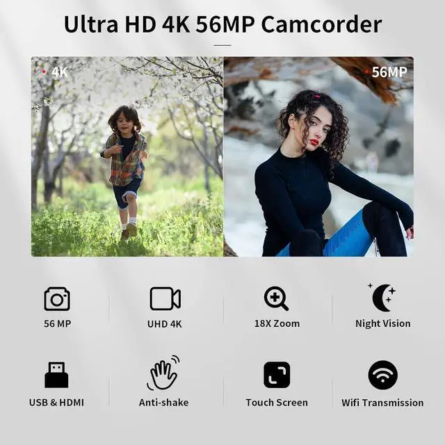 Alt view image 2 of 7 - 4K Video Camera Camcorder with Microphone, 56MP 18X Digital Zoom 3.0" IPS Touch Screen Handheld Digital Camcorder, 270° Rotation IR Night Vision Vlogging Camera for YouTube