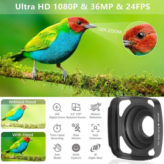 Alt view image 5 of 7 - Video Camera Camcorder Full HD 1080P 36.0 MP Webcam YouTube Vlogging Camera Recorder, 16X Digital Zoom Touch Screen Camcorders Camera with Microphone, Remote, Stabilizer, Lens Hood, 2 Batteries