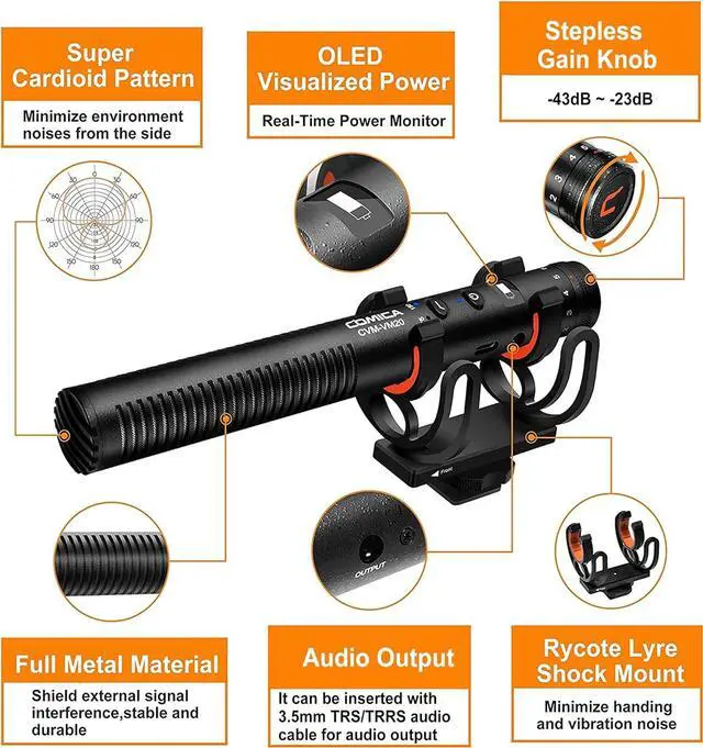 Alt view image 2 of 7 - VM20 Shotgun Microphone, Super-Cardioid Camera Microphone with Rycote Shockmount, Windscreen, Wind Muff, OLED Power Display, Video Microphone for Smartphones, DSLR Cameras, Tablets, Laptops