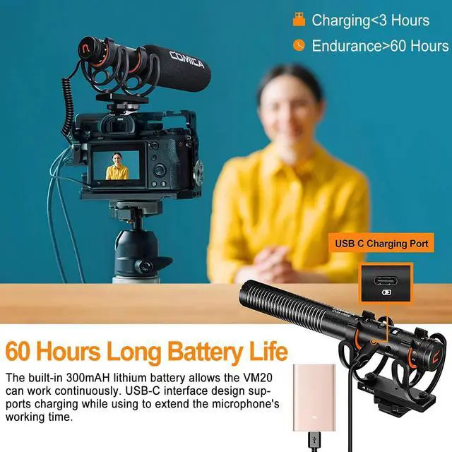 Alt view image 4 of 7 - VM20 Shotgun Microphone, Super-Cardioid Camera Microphone with Rycote Shockmount, Windscreen, Wind Muff, OLED Power Display, Video Microphone for Smartphones, DSLR Cameras, Tablets, Laptops