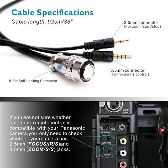Alt view image 6 of 7 - Camcorder Zoom Controller, Remote Control Zoom, Iris, and Focus Control + 2.5mm and 3.5mm Jack Cable for Panasonic HC-X1 HC-PV100 AG-UX90 AG-UX180 HC-X1000 AG-AC30 AG-AC90 AU-EVA1 Camera.