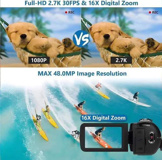 Alt view image 2 of 7 - 2.7K 48MP Video Camera Camcorder with LED Fill Light, 16X Digital Zoom Camera Recorder 3.0" LCD Screen Vlogging Camera for YouTube with Remote Control, 2 Batteries