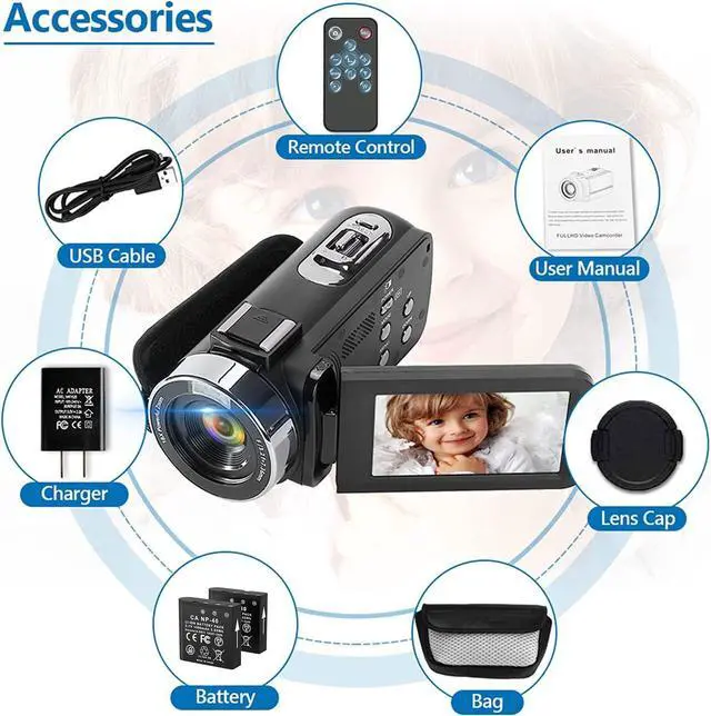 Alt view image 7 of 7 - 2.7K 48MP Video Camera Camcorder with LED Fill Light, 16X Digital Zoom Camera Recorder 3.0" LCD Screen Vlogging Camera for YouTube with Remote Control, 2 Batteries