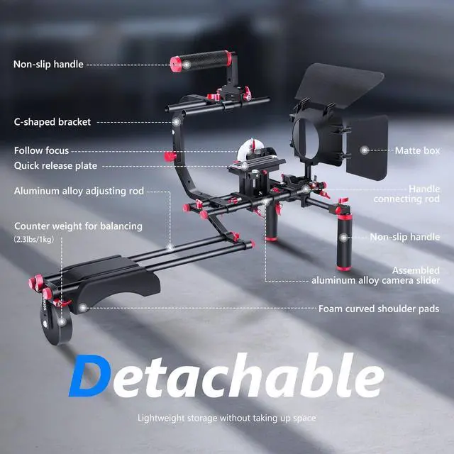 Alt view image 2 of 7 - Shoulder Rig Kit for DSLR Cameras and Camcorders, Movie Video Film Making System with Matte Box, Follow Focus, C-Shaped Bracket, 15mm Rods, Handgrip, 1/4 & 3/8 Threads (Blue + Black)