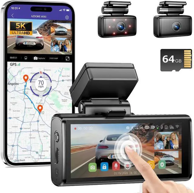 Main image of 5K 3 Channel Dash Cam, Free 64GB Card, 4" Touchscreen Car Camera, 5G WiFi GPS Dashcam Front and Rear Inside 4K+1080P+1080P, IR Night Vision Driving Recorder, G-Sensor Parking Mode (M580)