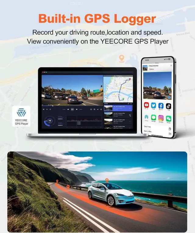 Alt view image 6 of 7 - Dual Dash Cam 5G WiFi GPS, Real 4K+HDR 1080P Dash Cam Front and Rear, 3.3 Inch Eye-Care Screen, Super HDR Night Vision, Parking Mode, Dash Camera for Cars with App, G-Sensor, Support 512GB Max
