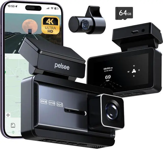 Main image of 4K Dash Cam Front and Rear, 64GB SD Card, 4K+1080P Dual Dash Camera for Cars with Wi-Fi, GPS, ADAS, BSD, 3 IPS Display Car Camera, APP & Voice Control, Night Vision, 24H Parking Mode