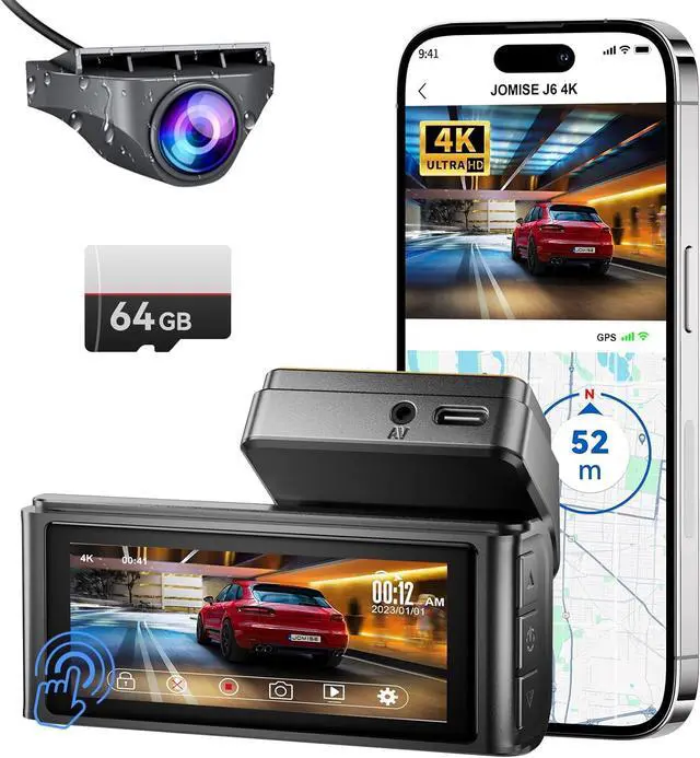 Main image of 4K Dash Cam Front and Rear, 3.16 IPS Touch Screen, 64GB Card Included, Dual Dash Camera for Cars, Built-in GPS Wi-Fi, UHD 2160P Night Vision, WDR, 24H Parking Monitor (J6)