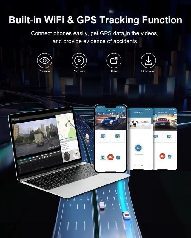 Alt view image 5 of 6 - 4K Dash Cam Front and Rear, 3.16 IPS Touch Screen, 64GB Card Included, Dual Dash Camera for Cars, Built-in GPS Wi-Fi, UHD 2160P Night Vision, WDR, 24H Parking Monitor (J6)