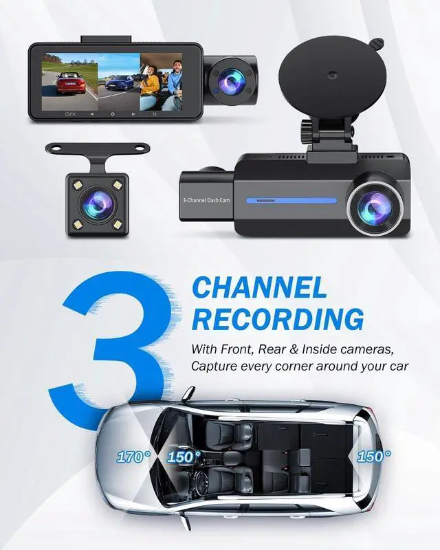 Alt view image 2 of 7 - 3 Channel 2.5K Dash Cam, 1440P Dash Cam Front and Rear Inside, Dash Camera for Cars, Triple Car Camera with 32GB Card, G-Sensor, 24Hr Parking, 170°Wide Angle, Loop Recording, IR Night Vision, Blue