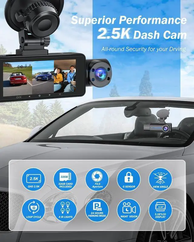 Alt view image 4 of 7 - 3 Channel 2.5K Dash Cam, 1440P Dash Cam Front and Rear Inside, Dash Camera for Cars, Triple Car Camera with 32GB Card, G-Sensor, 24Hr Parking, 170°Wide Angle, Loop Recording, IR Night Vision, Blue