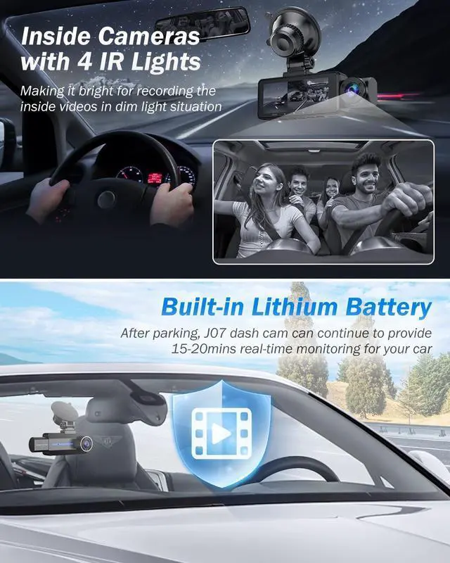 Alt view image 5 of 7 - 3 Channel 2.5K Dash Cam, 1440P Dash Cam Front and Rear Inside, Dash Camera for Cars, Triple Car Camera with 32GB Card, G-Sensor, 24Hr Parking, 170°Wide Angle, Loop Recording, IR Night Vision, Blue