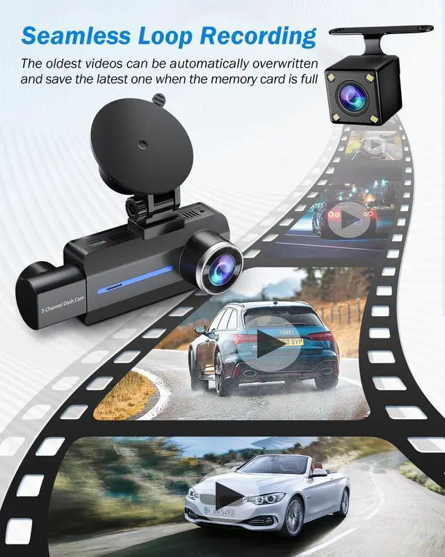 Alt view image 7 of 7 - 3 Channel 2.5K Dash Cam, 1440P Dash Cam Front and Rear Inside, Dash Camera for Cars, Triple Car Camera with 32GB Card, G-Sensor, 24Hr Parking, 170°Wide Angle, Loop Recording, IR Night Vision, Blue