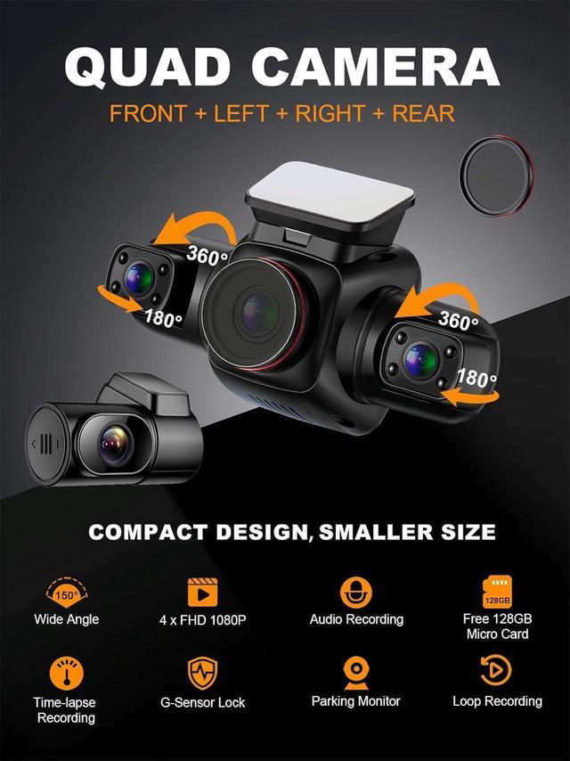 Alt view image 2 of 7 - 360 Degree View 4 Channel Dash Cam Front and Rear Inside Left Right, Dash Camera for Cars with CPL, Built-in GPS WiFi Night Vision, 24/7 Recording Parking Mode Monitor, Free 128G Card