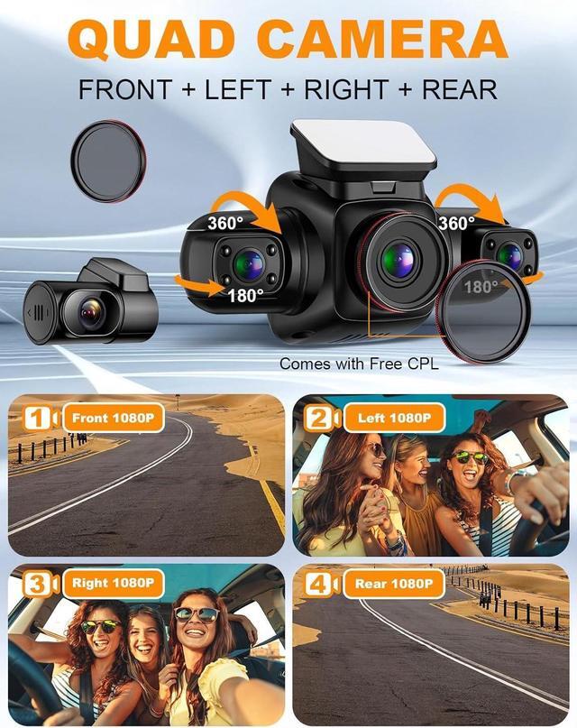 Alt view image 3 of 7 - 360 Degree View 4 Channel Dash Cam Front and Rear Inside Left Right, Dash Camera for Cars with CPL, Built-in GPS WiFi Night Vision, 24/7 Recording Parking Mode Monitor, Free 128G Card