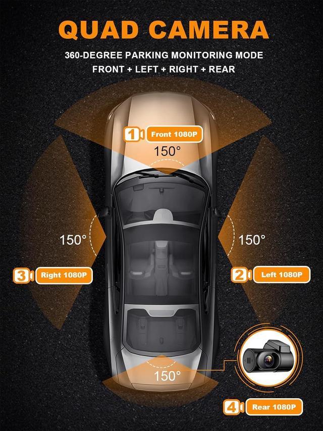 Alt view image 4 of 7 - 360 Degree View 4 Channel Dash Cam Front and Rear Inside Left Right, Dash Camera for Cars with CPL, Built-in GPS WiFi Night Vision, 24/7 Recording Parking Mode Monitor, Free 128G Card