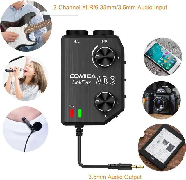 Alt view image 4 of 7 - AD3 2-Channel XLR/3.5mm/6.35mm Microphone Audio Mixer Preamp with Phantom Power, Guitar Audio Interface Microphone for DSLR Cameras Camcorders iPhone iPad Mac and Android Smartphones